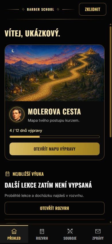 Ukázka beta aplikace: Molerova cesta, postup kurzem a přístup k rozvrhu a soubojům